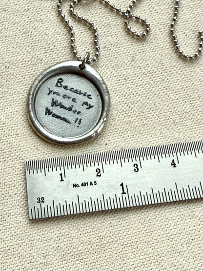Wax seal silver necklace with actual handwriting of loved ones engraved - Drake designs jewelry