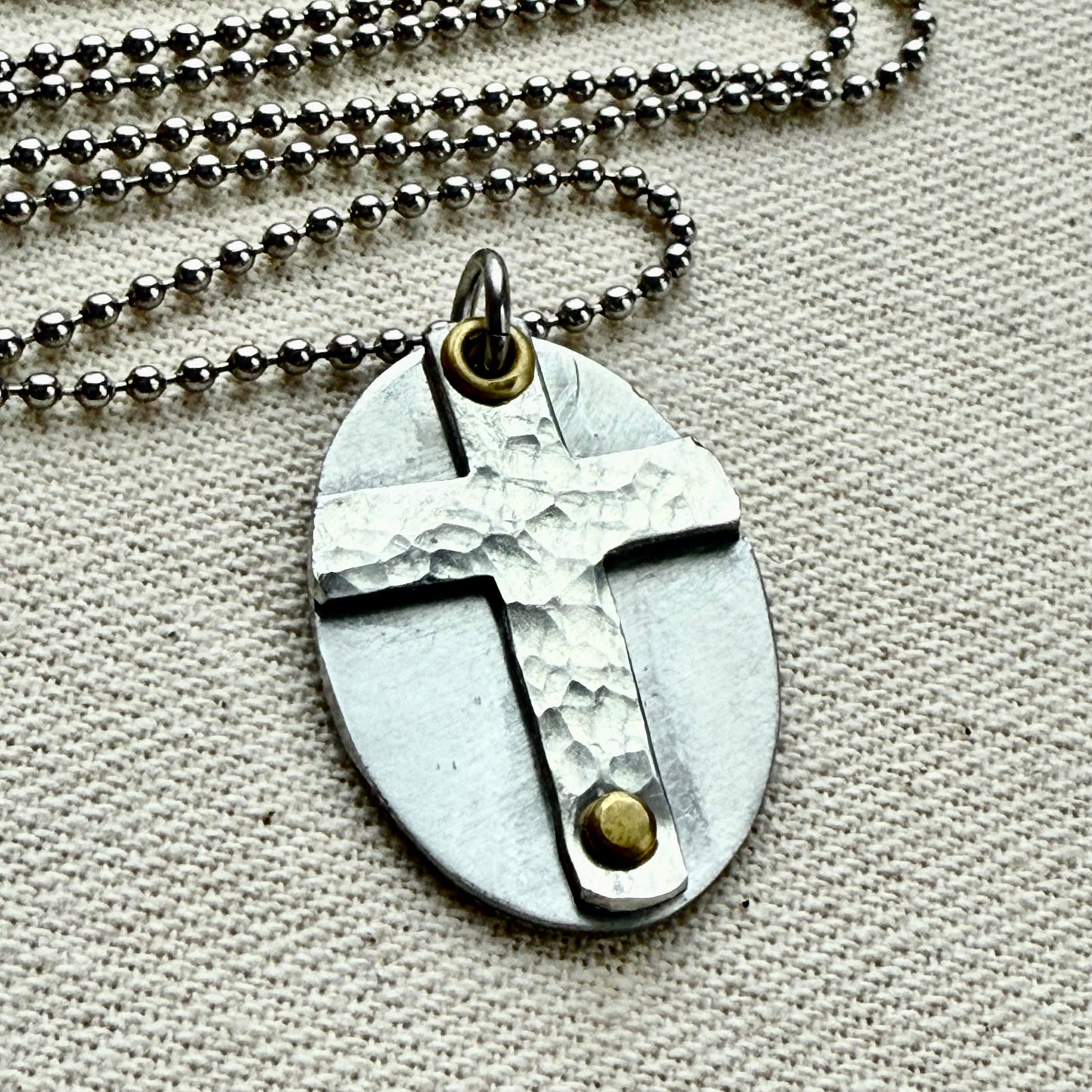 Textured Hammered Silver Cross Necklace Hand Riveted Mixed Metal - Drake Designs Jewelry