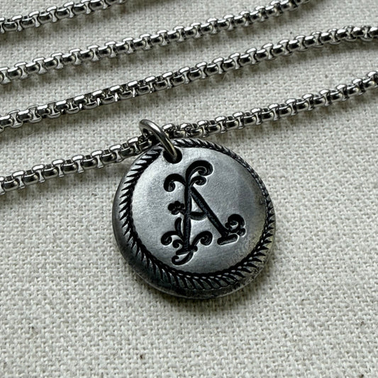 Wax Seal Style Flourished Initial Necklace with Rope Border