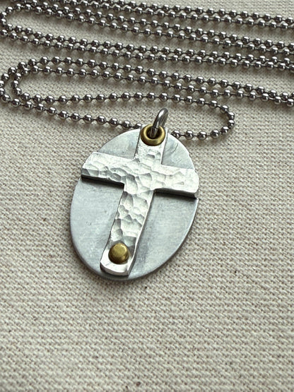 Textured Hammered Silver Cross Necklace Hand Riveted Mixed Metal - Drake Designs Jewelry