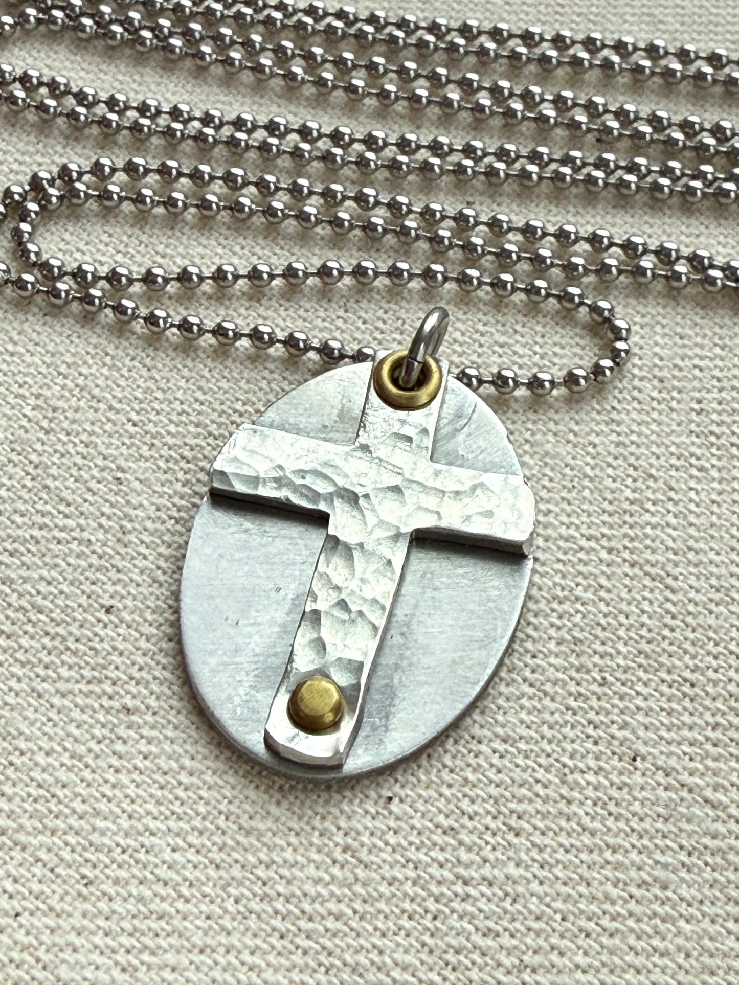 Textured Hammered Silver Cross Necklace Hand Riveted Mixed Metal - Drake Designs Jewelry