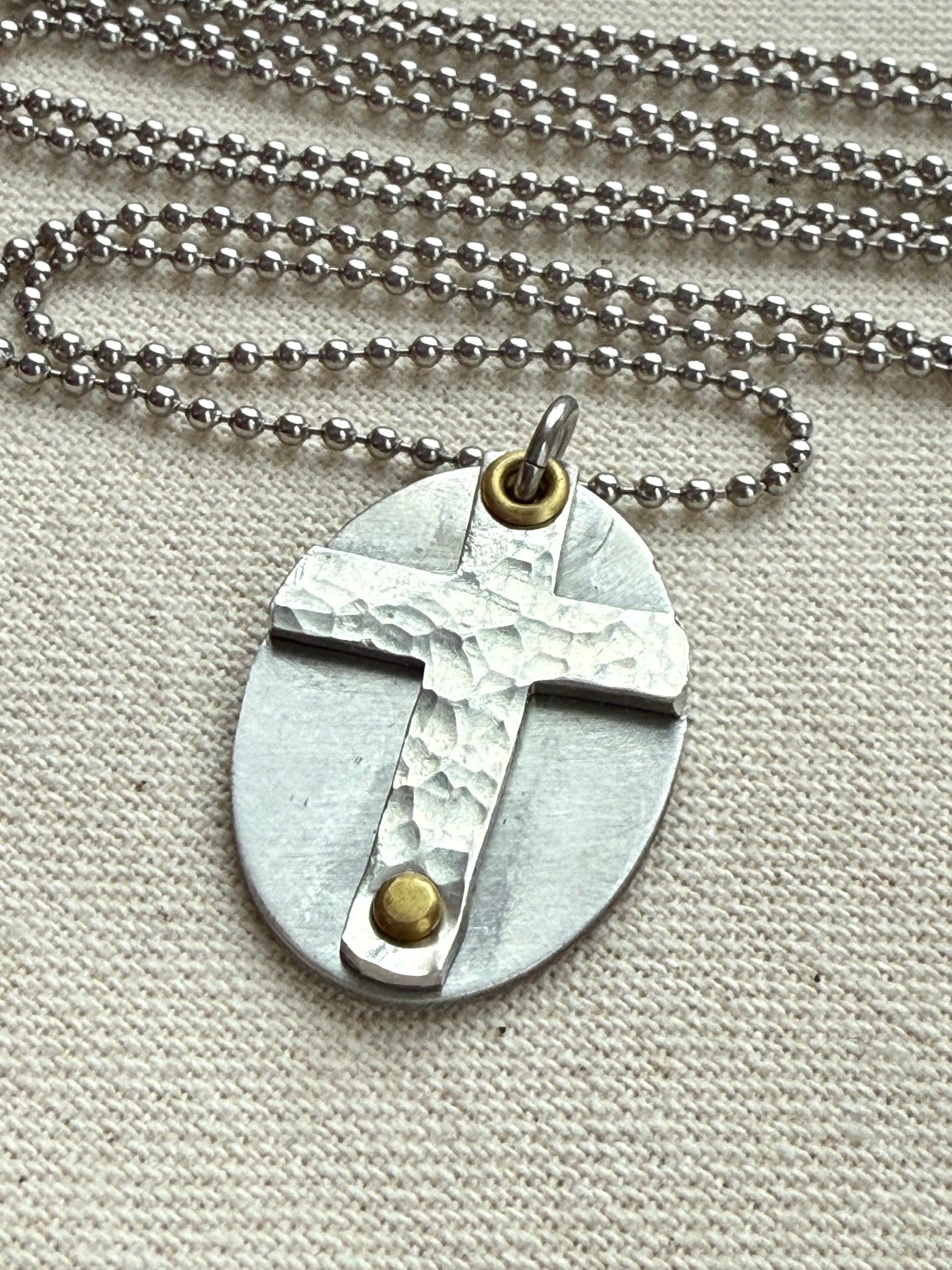 Textured Hammered Silver Cross Necklace Hand Riveted Mixed Metal - Drake Designs Jewelry