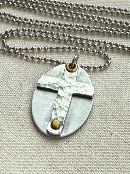 Textured Hammered Silver Cross Necklace Hand Riveted Mixed Metal - Drake Designs Jewelry