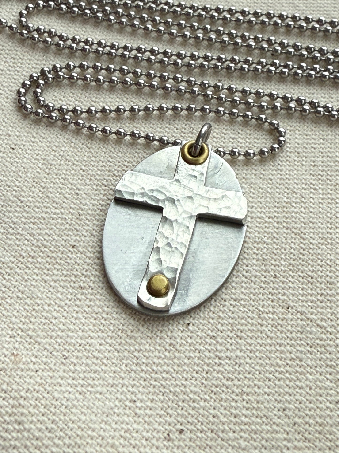 Textured Hammered Silver Cross Necklace Hand Riveted Mixed Metal - Drake Designs Jewelry