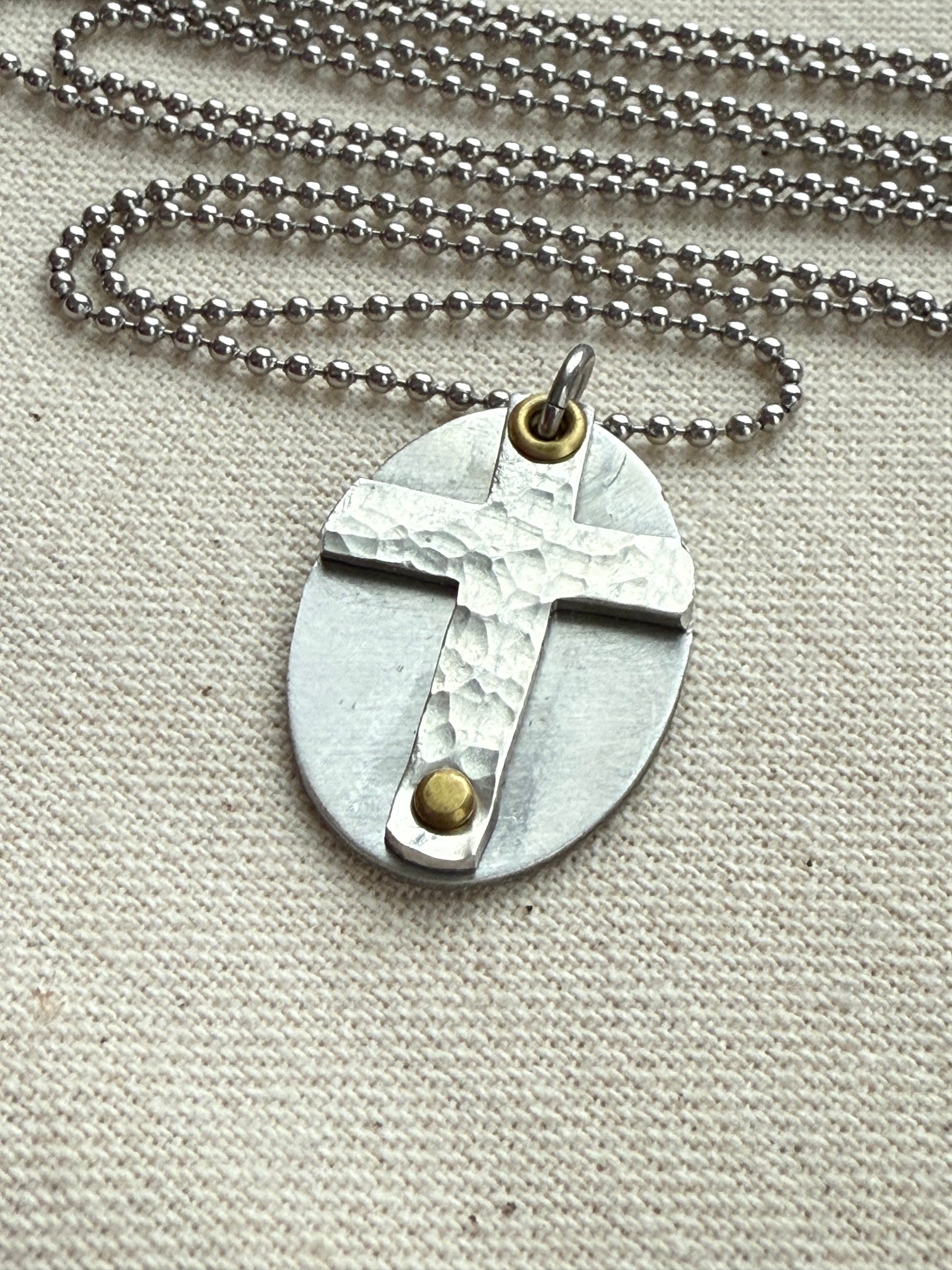 Textured Hammered Silver Cross Necklace Hand Riveted Mixed Metal - Drake Designs Jewelry