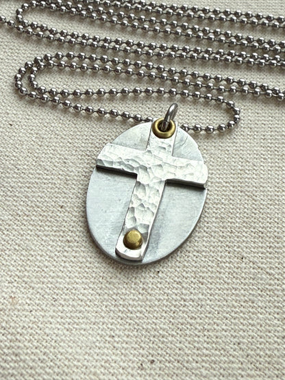 Textured Hammered Silver Cross Necklace Hand Riveted Mixed Metal - Drake Designs Jewelry
