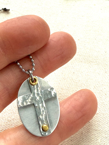 Textured Hammered Silver Cross Necklace Hand Riveted Mixed Metal - Drake Designs Jewelry