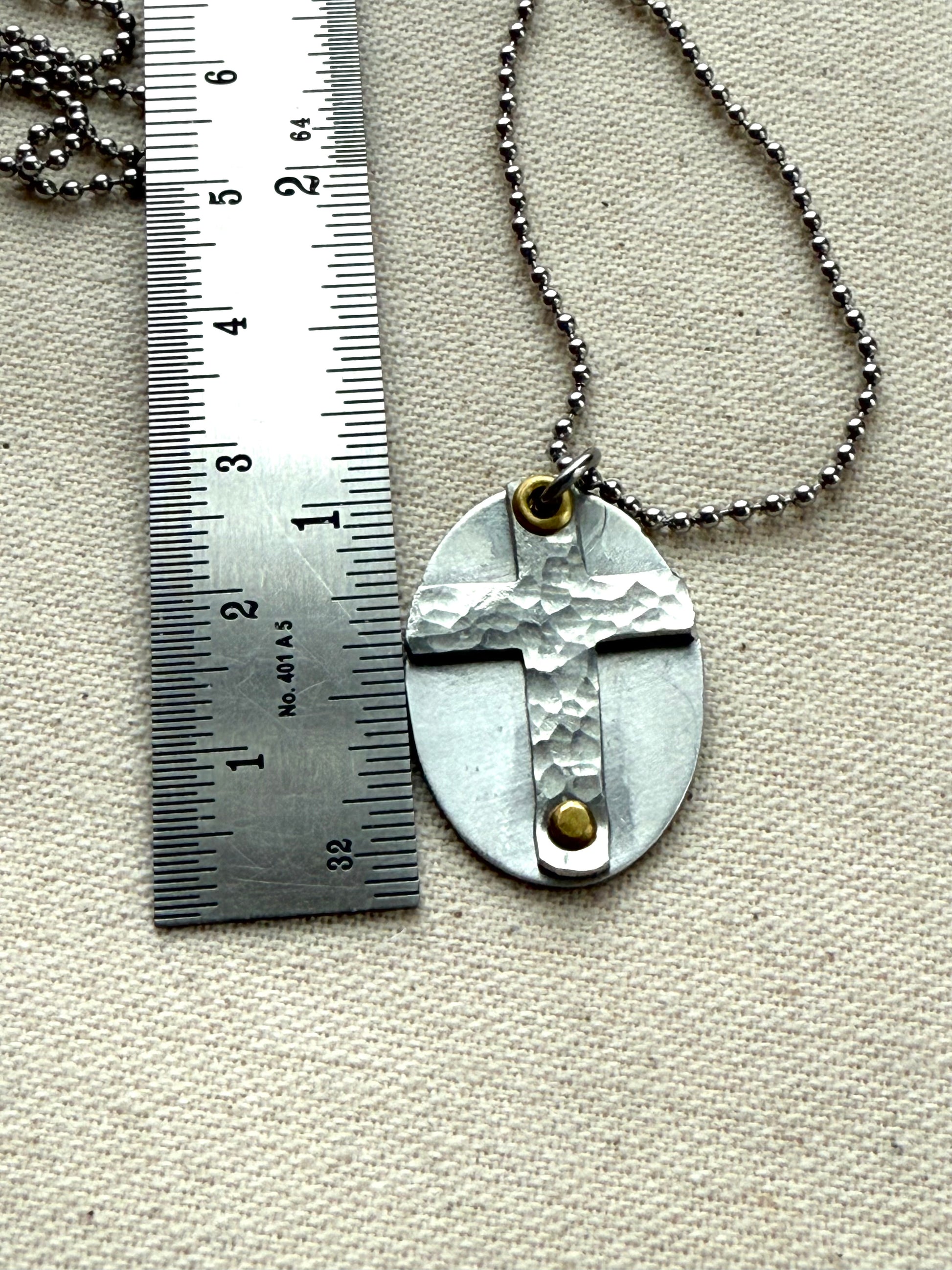 Textured Hammered Silver Cross Necklace Hand Riveted Mixed Metal - Drake Designs Jewelry