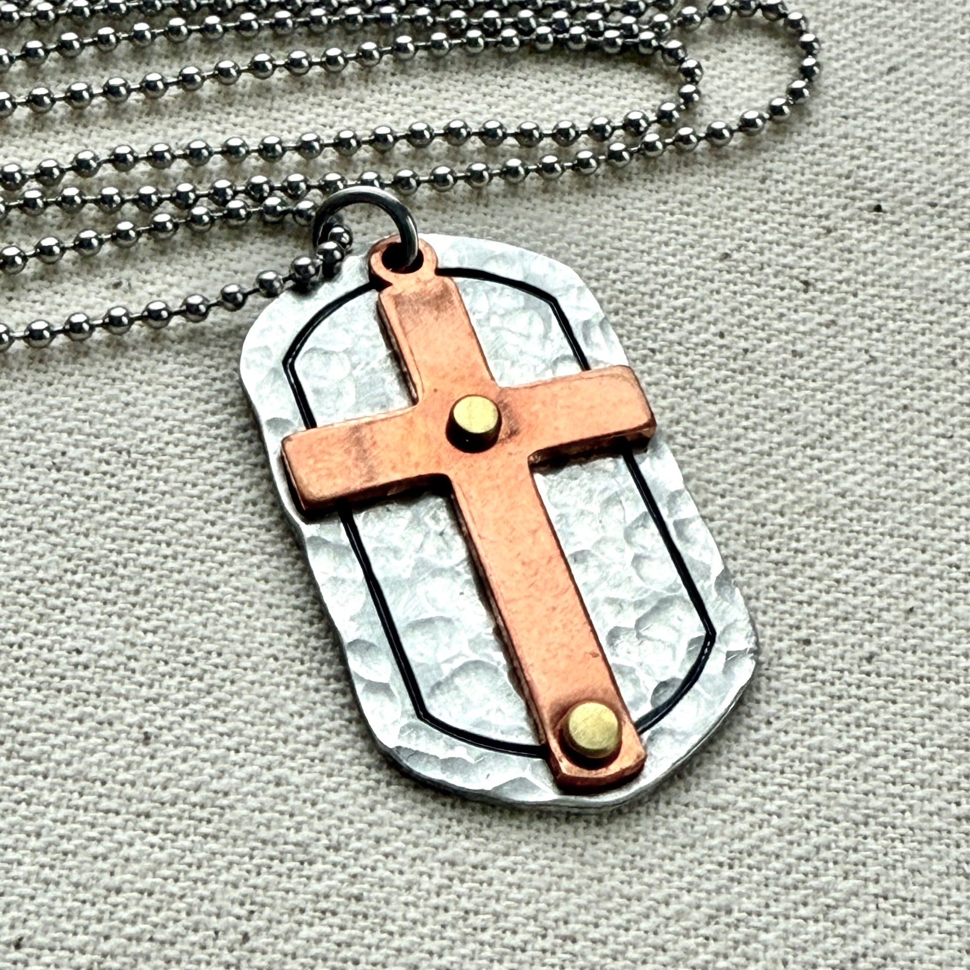 Silver and Copper Rustic Hammered Cross Necklace Hand Riveted Mixed Metal - Drake Designs Jewelry