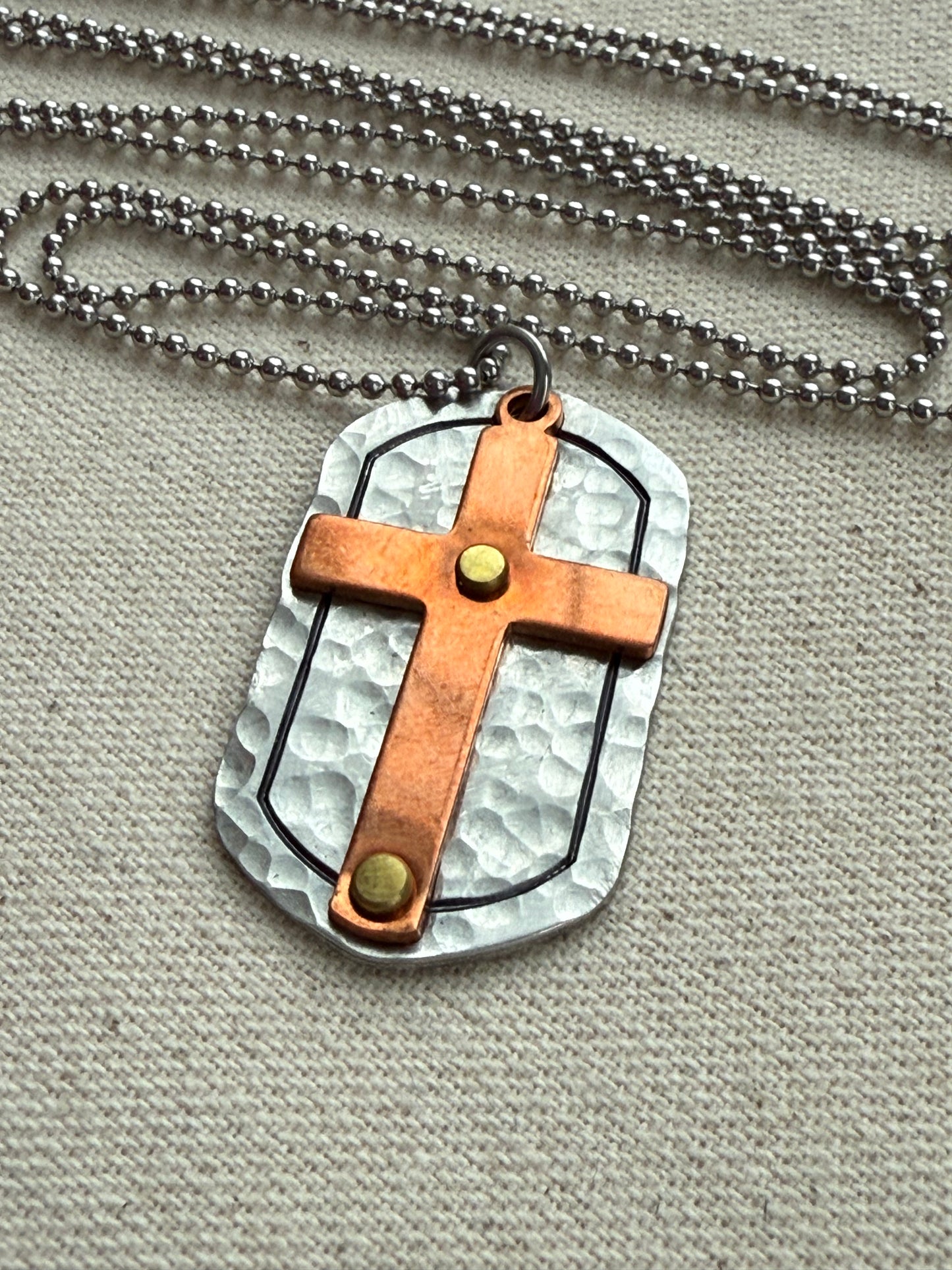Silver and Copper Rustic Hammered Cross Necklace Hand Riveted Mixed Metal - Drake Designs Jewelry