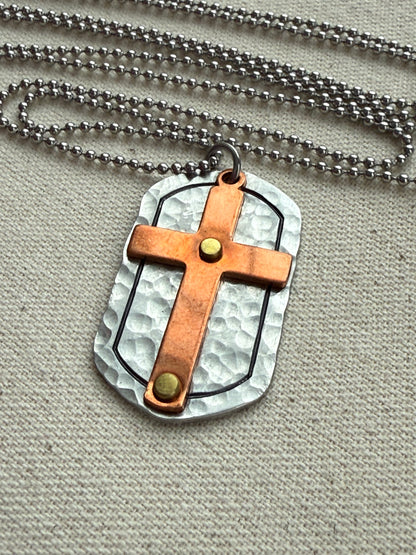 Silver and Copper Rustic Hammered Cross Necklace Hand Riveted Mixed Metal - Drake Designs Jewelry