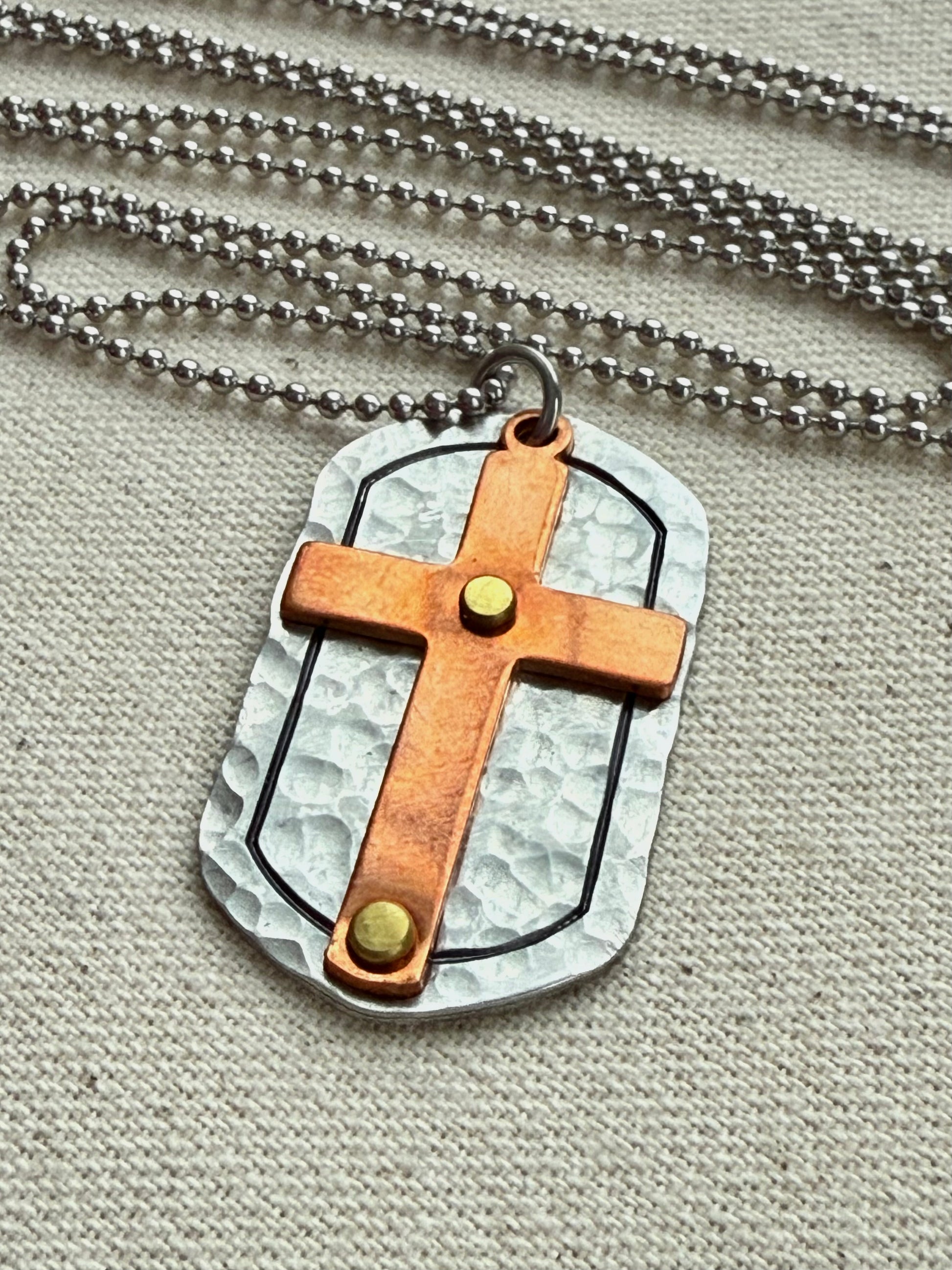 Silver and Copper Rustic Hammered Cross Necklace Hand Riveted Mixed Metal - Drake Designs Jewelry
