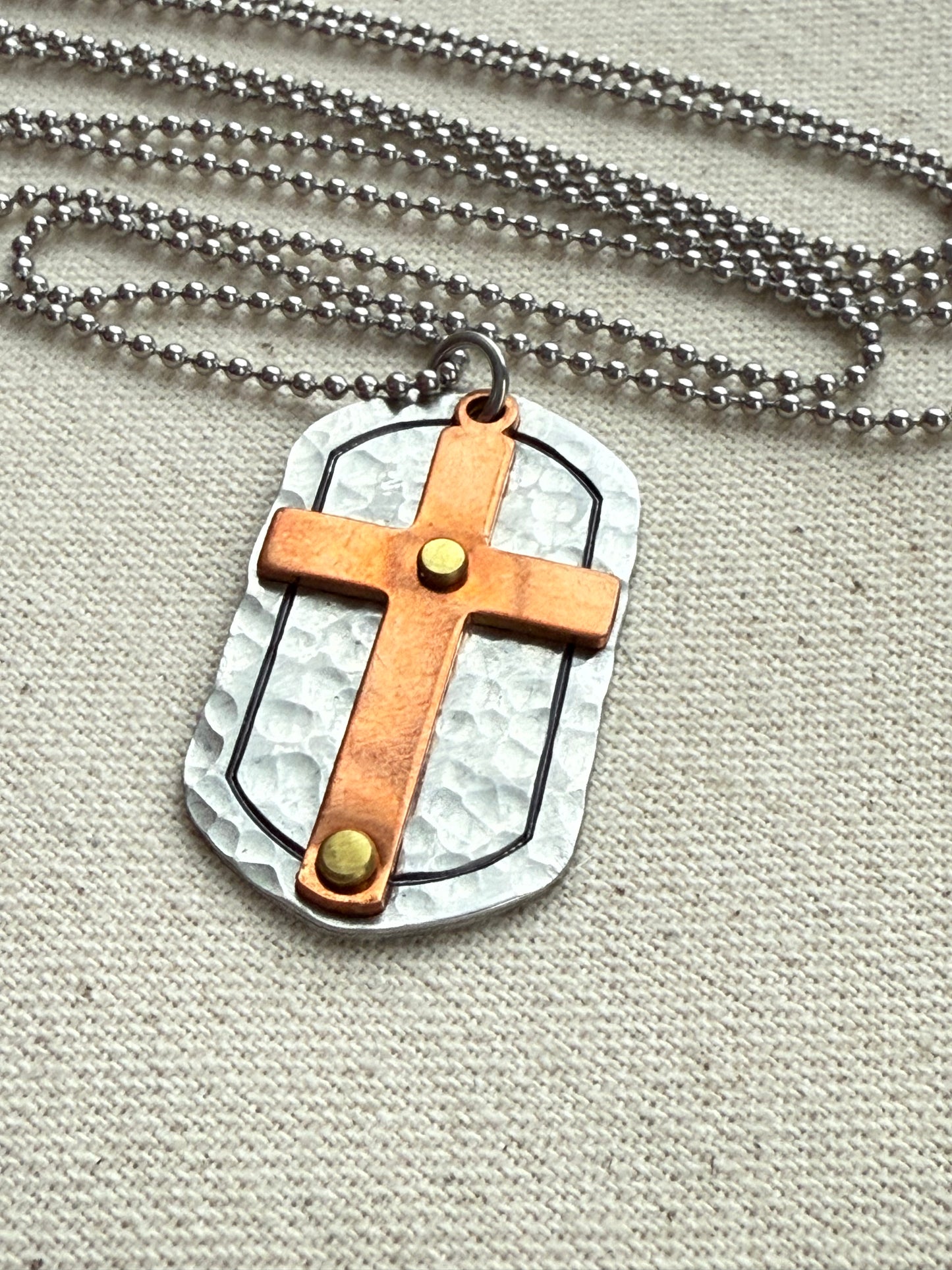 Silver and Copper Rustic Hammered Cross Necklace Hand Riveted Mixed Metal - Drake Designs Jewelry