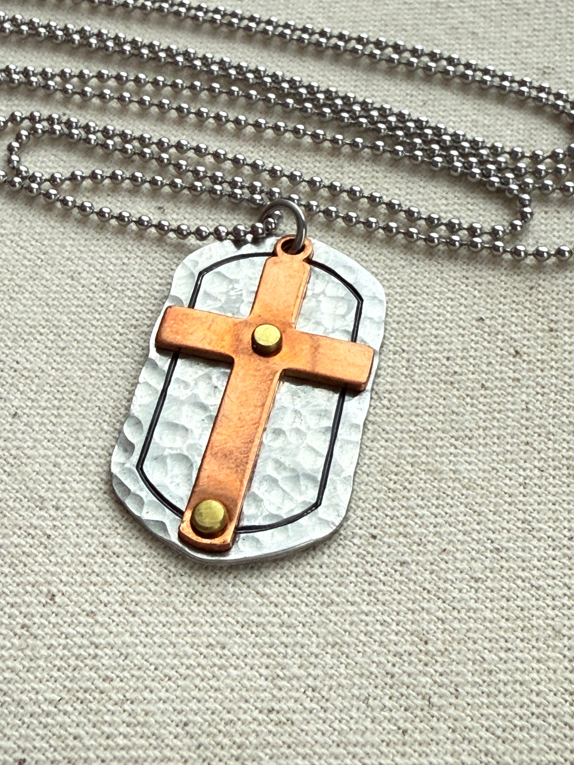 Silver and Copper Rustic Hammered Cross Necklace Hand Riveted Mixed Metal - Drake Designs Jewelry