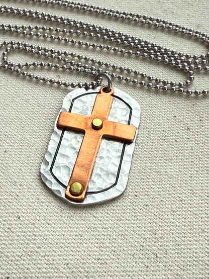Silver and Copper Rustic Hammered Cross Necklace Hand Riveted Mixed Metal - Drake Designs Jewelry