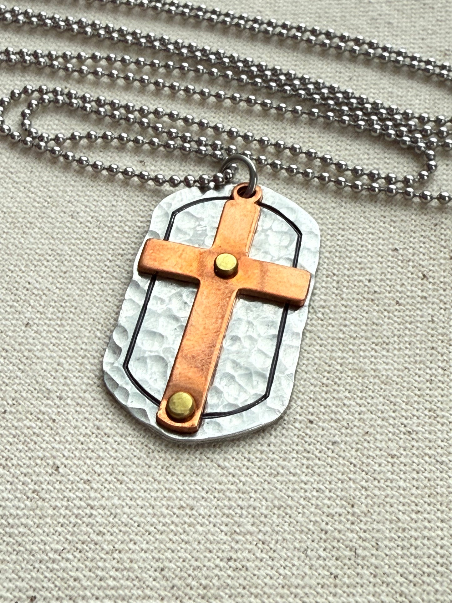 Silver and Copper Rustic Hammered Cross Necklace Hand Riveted Mixed Metal - Drake Designs Jewelry