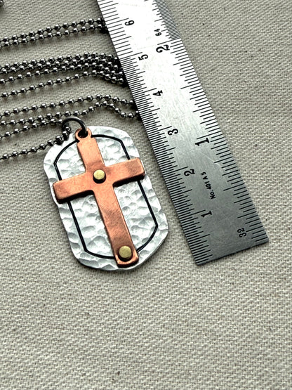 Silver and Copper Rustic Hammered Cross Necklace Hand Riveted Mixed Metal - Drake Designs Jewelry