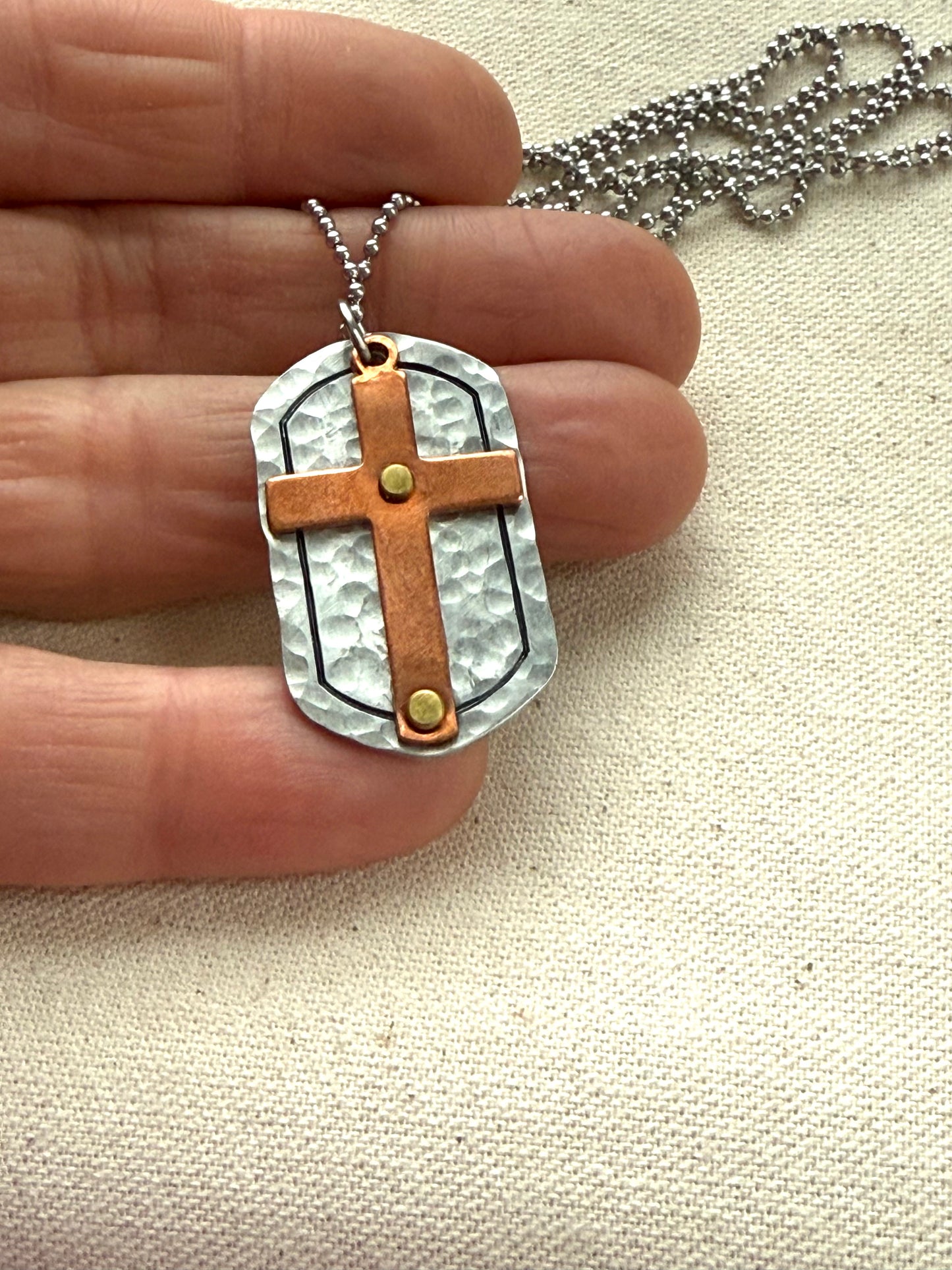 Silver and Copper Rustic Hammered Cross Necklace Hand Riveted Mixed Metal - Drake Designs Jewelry