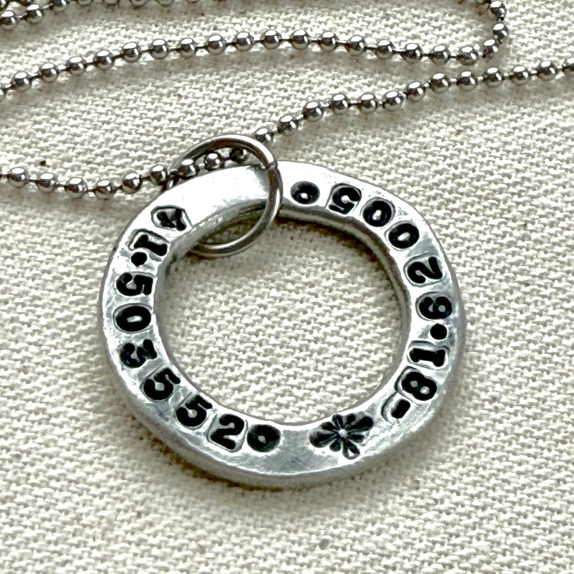Organically shaped thick washer pendant necklace with custom coordinates hand stamped - drake designs jewelry