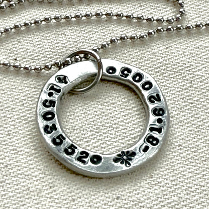 Organically shaped thick washer pendant necklace with custom coordinates hand stamped - drake designs jewelry