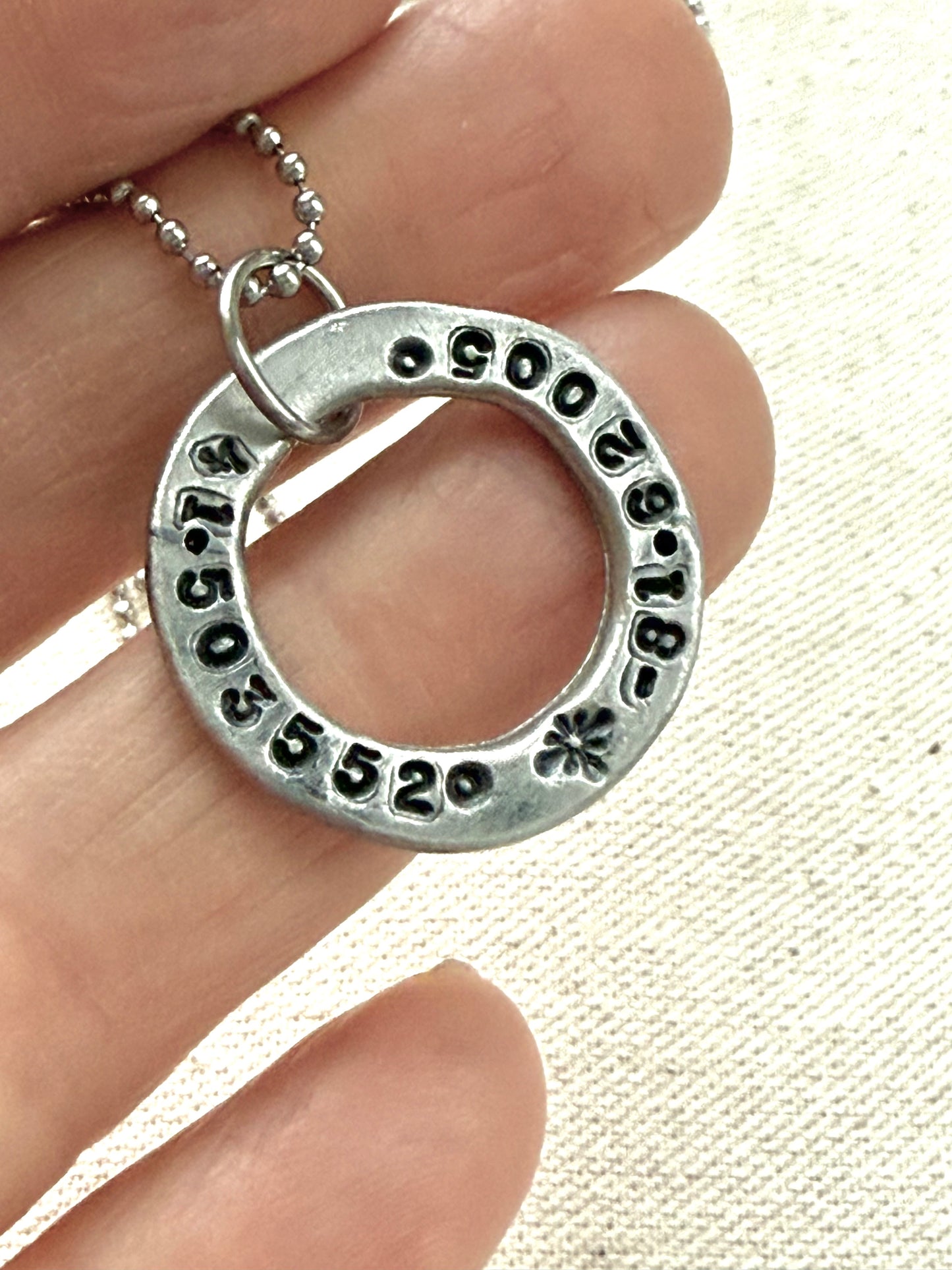 Organically shaped thick washer pendant necklace with custom coordinates hand stamped - drake designs jewelry
