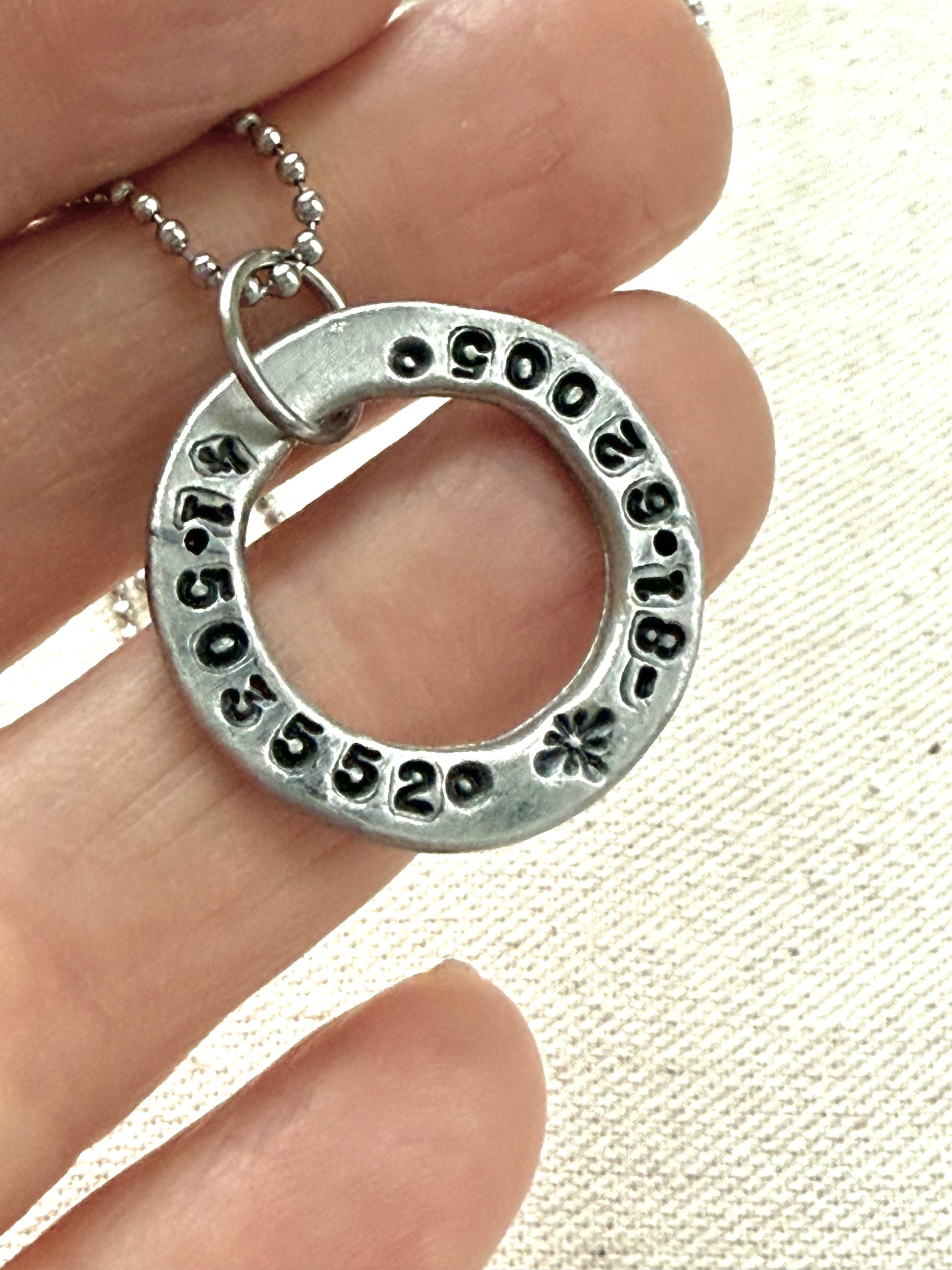 Organically shaped thick washer pendant necklace with custom coordinates hand stamped - drake designs jewelry