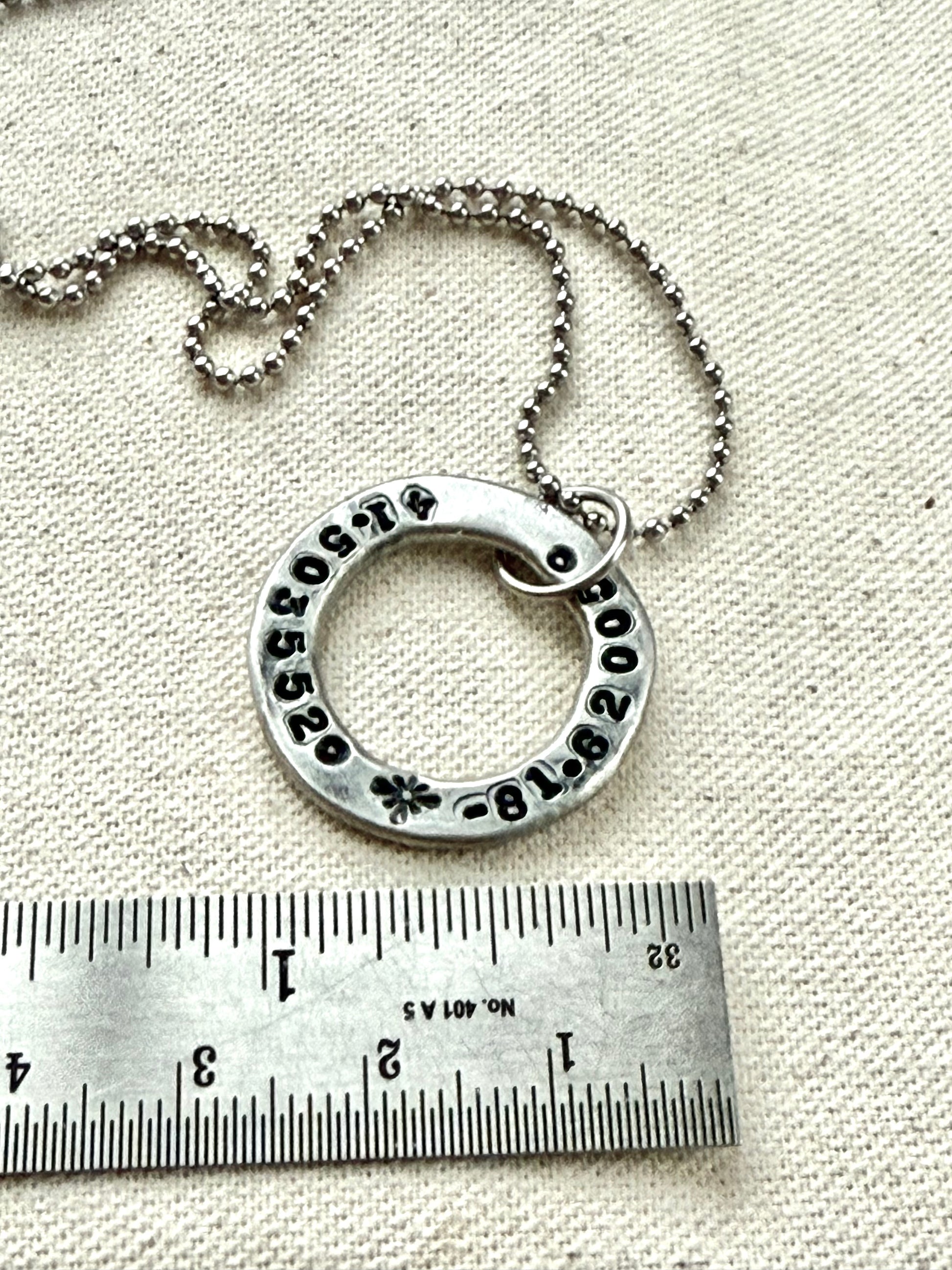 Organically shaped thick washer pendant necklace with custom coordinates hand stamped - drake designs jewelry