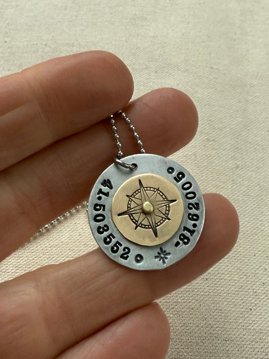Custom coordinates necklace with gold compass riveted to silver pendant - hand stamped with personalized latitude and longitude - Drake designs jewelry