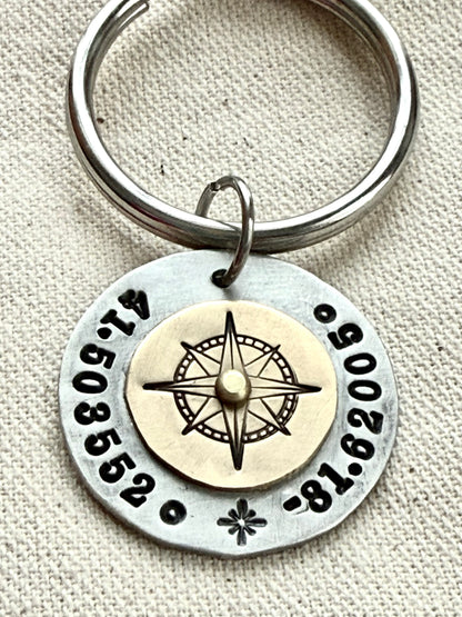 Custom coordinates key chain with gold compass riveted to silver pendant - hand stamped with personalized latitude and longitude - Drake designs jewelry