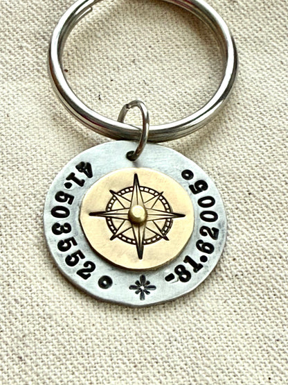 Custom coordinates key chain with gold compass riveted to silver pendant - hand stamped with personalized latitude and longitude - Drake designs jewelry