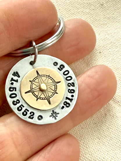 Custom coordinates keychain with gold compass riveted to silver pendant - hand stamped with personalized latitude and longitude - Drake designs jewelry