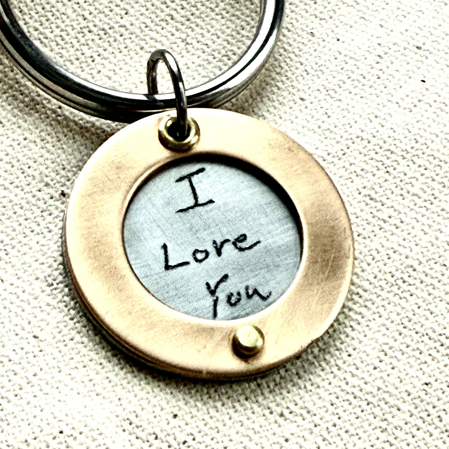 Bronze anniversary gift - actual handwriting engraved on silver pendant with gold border riveted by hand - drake designs jewelry