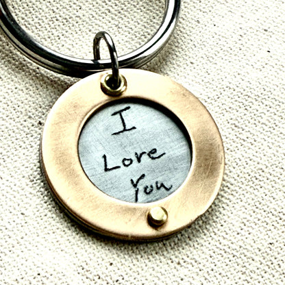 Bronze anniversary gift - actual handwriting engraved on silver pendant with gold border riveted by hand - drake designs jewelry