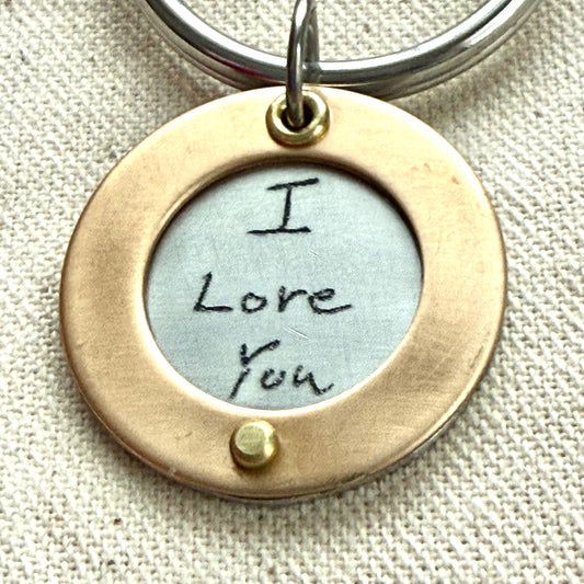 Bronze anniversary gift - actual handwriting engraved on silver pendant with gold border riveted by hand - drake designs jewelry