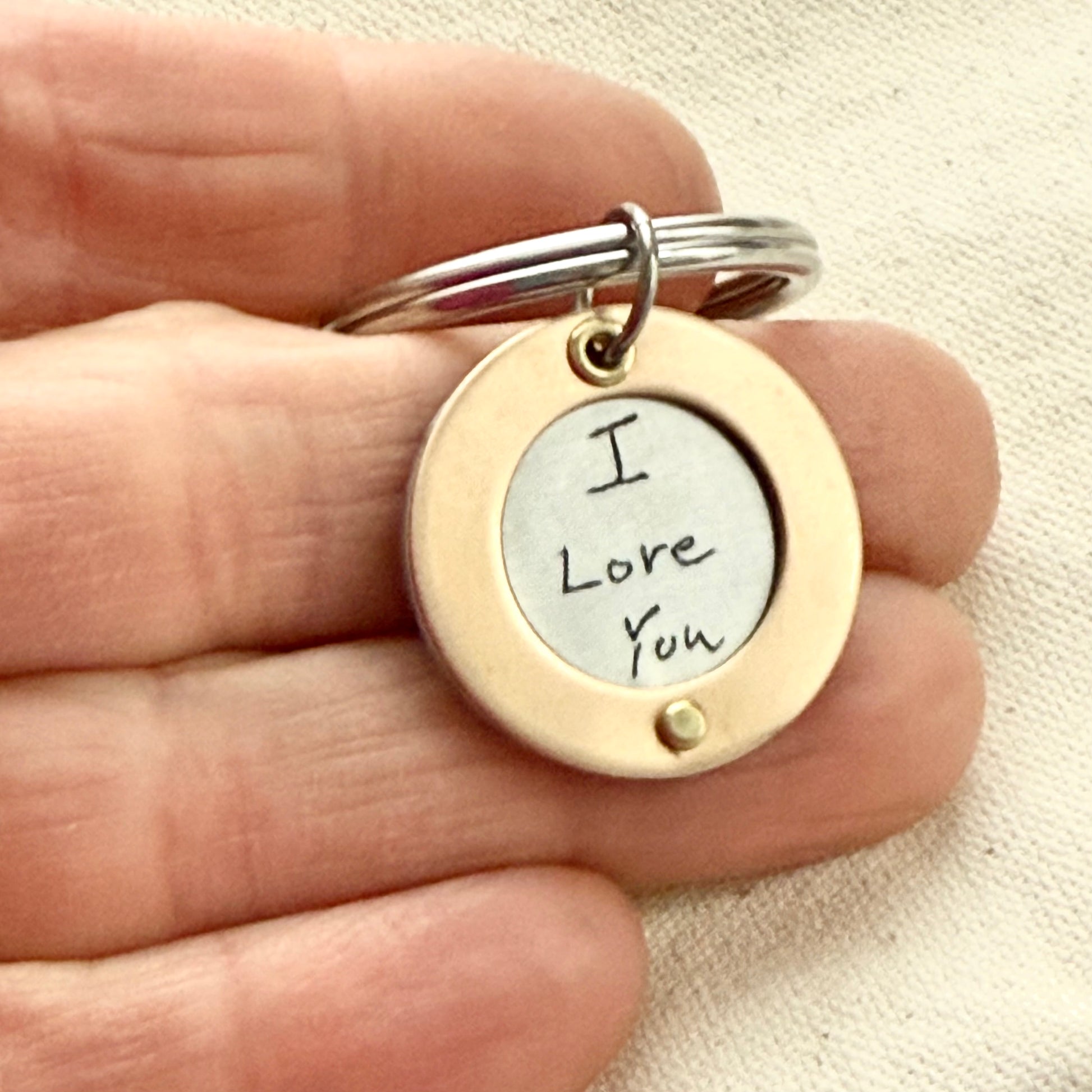 Bronze anniversary gift - actual handwriting engraved on silver pendant with gold border riveted by hand - drake designs jewelry