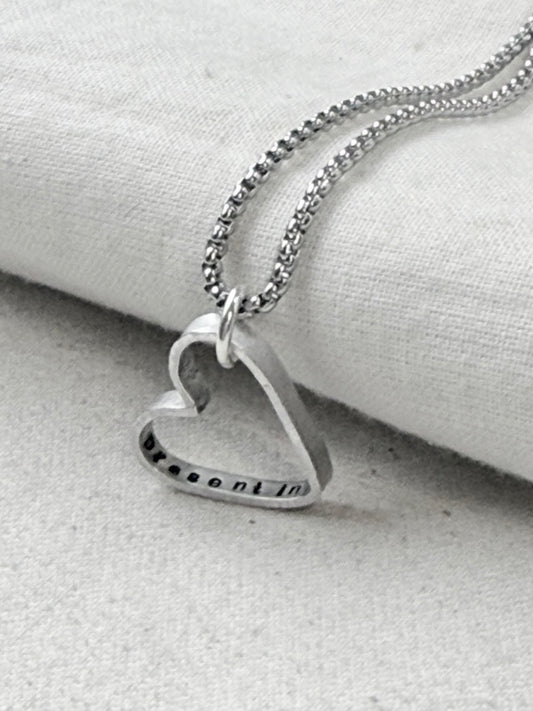 sterling silver open heart necklace with secret hidden message inside heart pendant - custom message or kids names custom hand stamped - drake designs jewelry