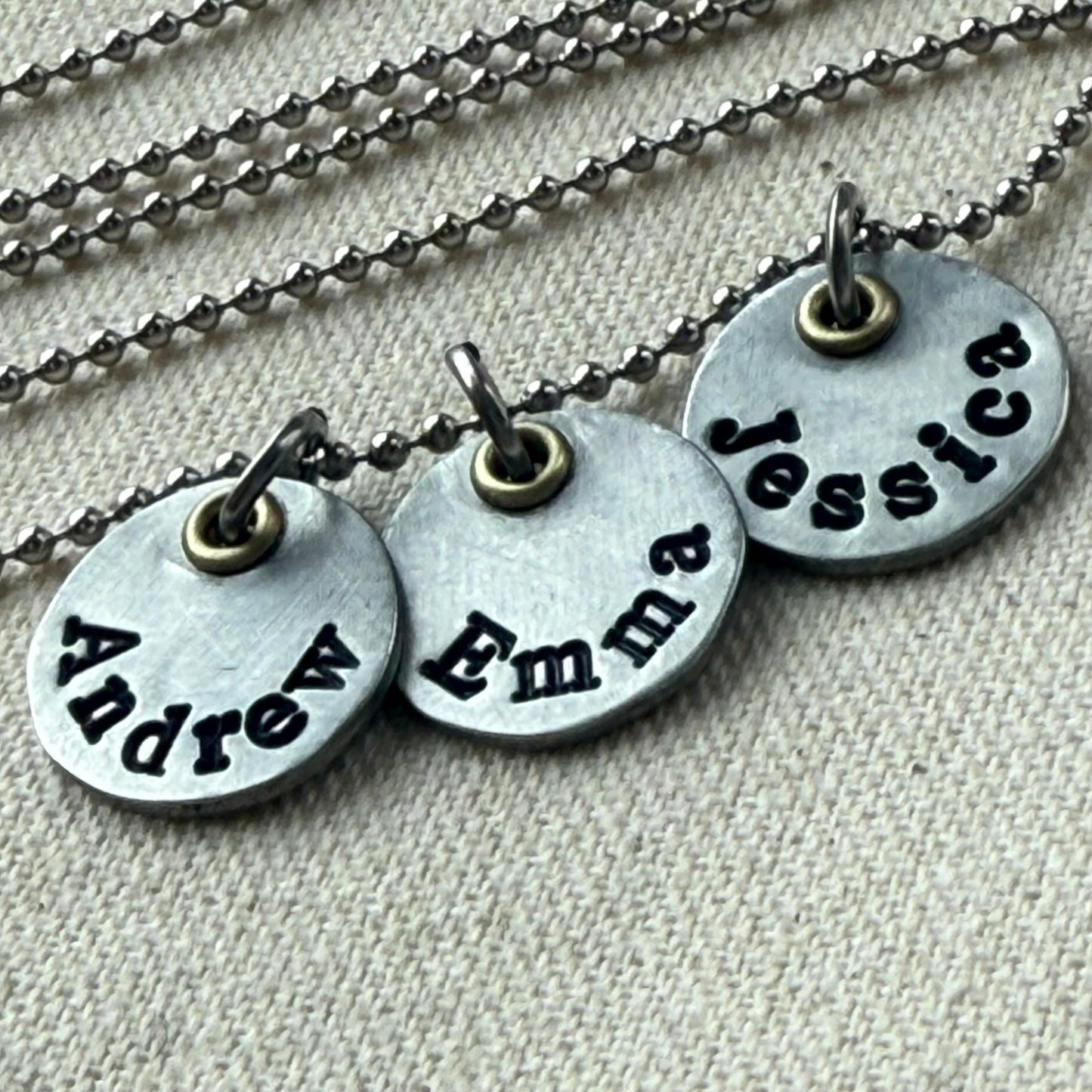 Mothers necklace with kids names - silver charms with gold accents - drake designs jewelry