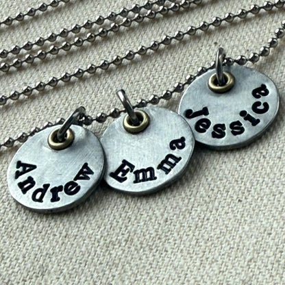 Mothers necklace with kids names - silver charms with gold accents - drake designs jewelry