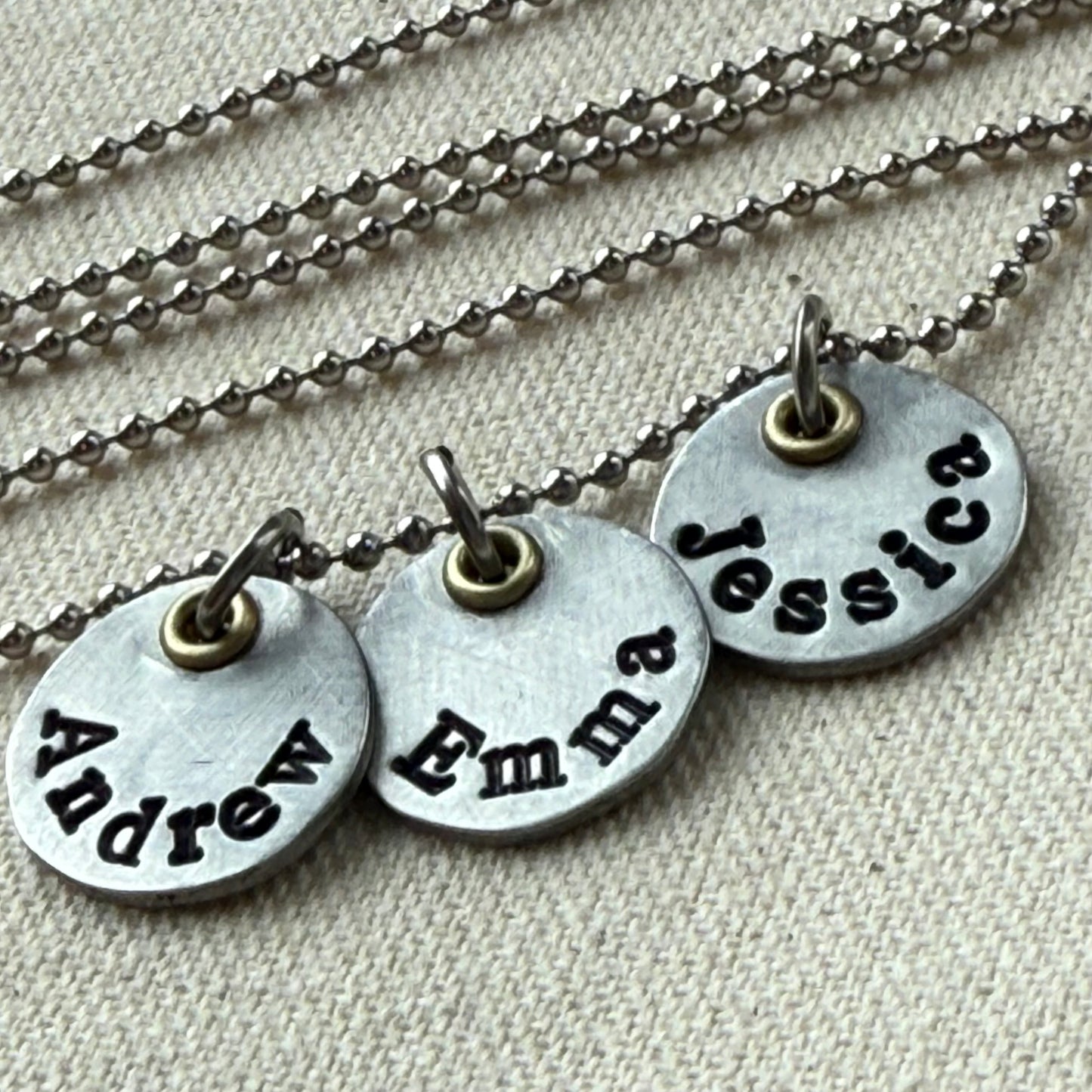 Mothers necklace with kids names - silver charms with gold accents - drake designs jewelry