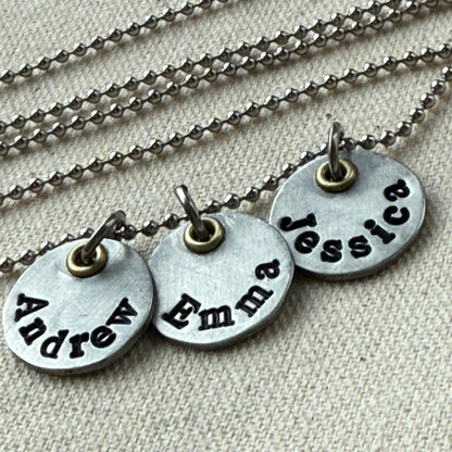 Mothers necklace with kids names - silver charms with gold accents - drake designs jewelry