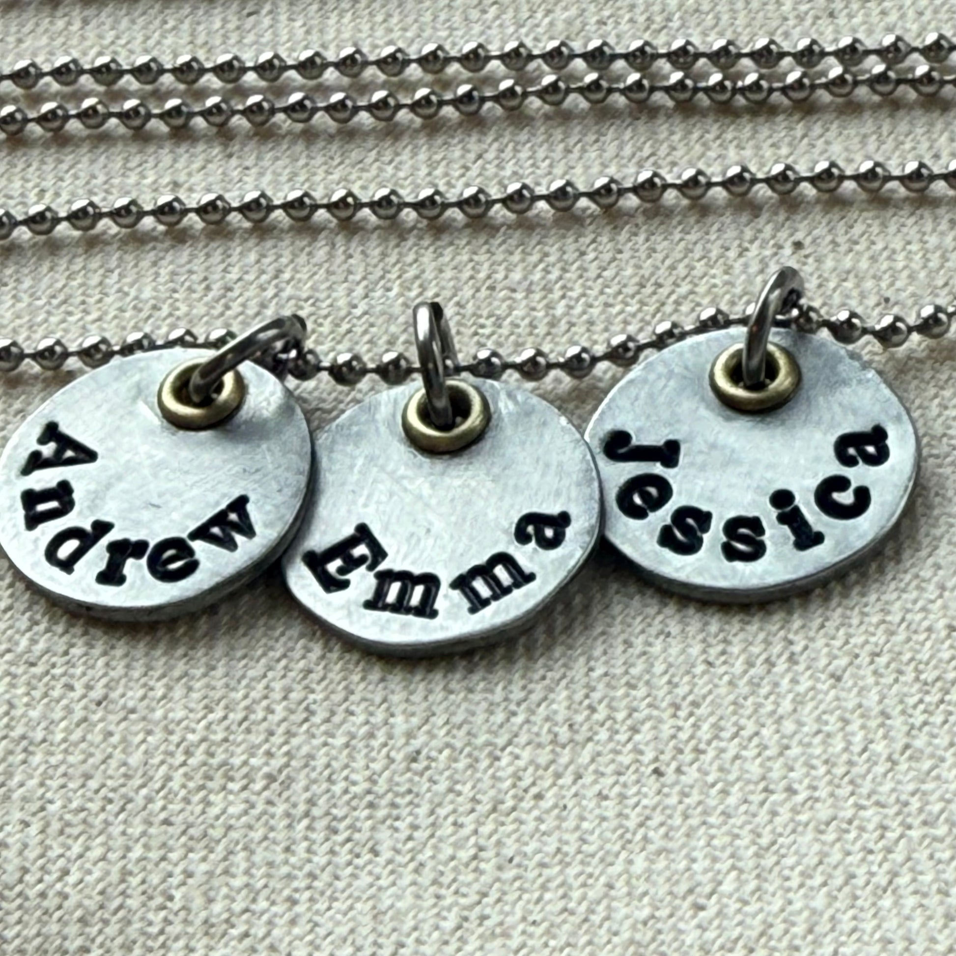 Mothers necklace with kids names - silver charms with gold accents - drake designs jewelry