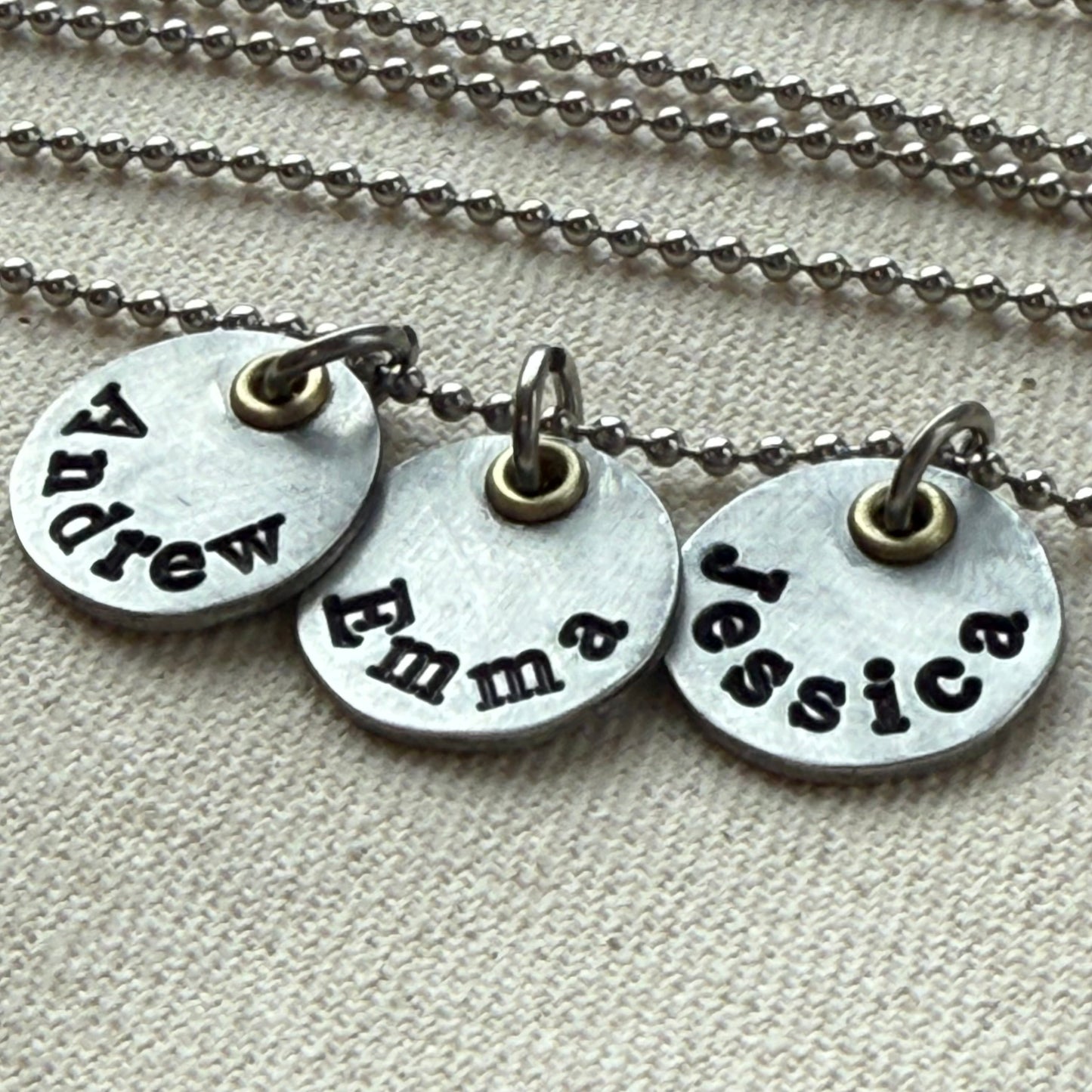 Mothers necklace with kids names - silver charms with gold accents - drake designs jewelry