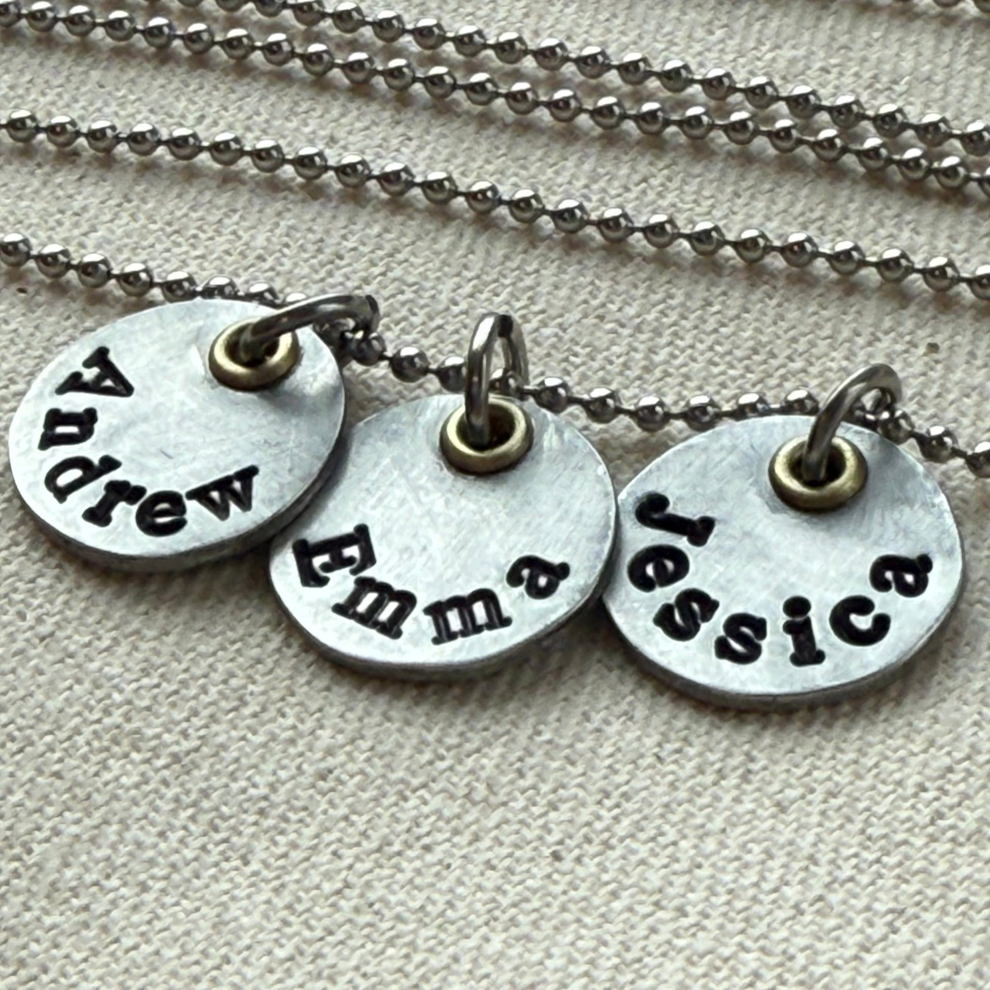 Mothers necklace with kids names - silver charms with gold accents - drake designs jewelry