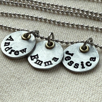 Mothers necklace with kids names - silver charms with gold accents - drake designs jewelry