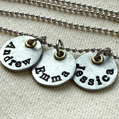 Mothers necklace with kids names - silver charms with gold accents - drake designs jewelry