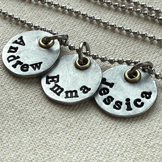 Mothers necklace with kids names - silver charms with gold accents - drake designs jewelry