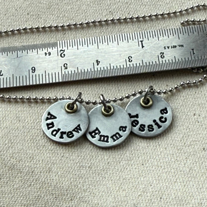 Mothers necklace with kids names - silver charms with gold accents - drake designs jewelry