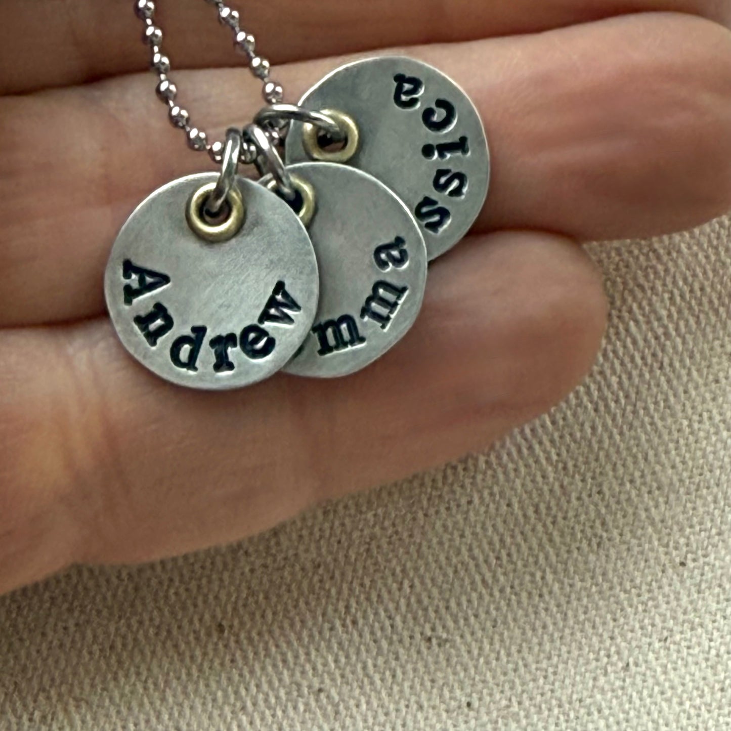 Mothers necklace with kids names - silver charms with gold accents - drake designs jewelry
