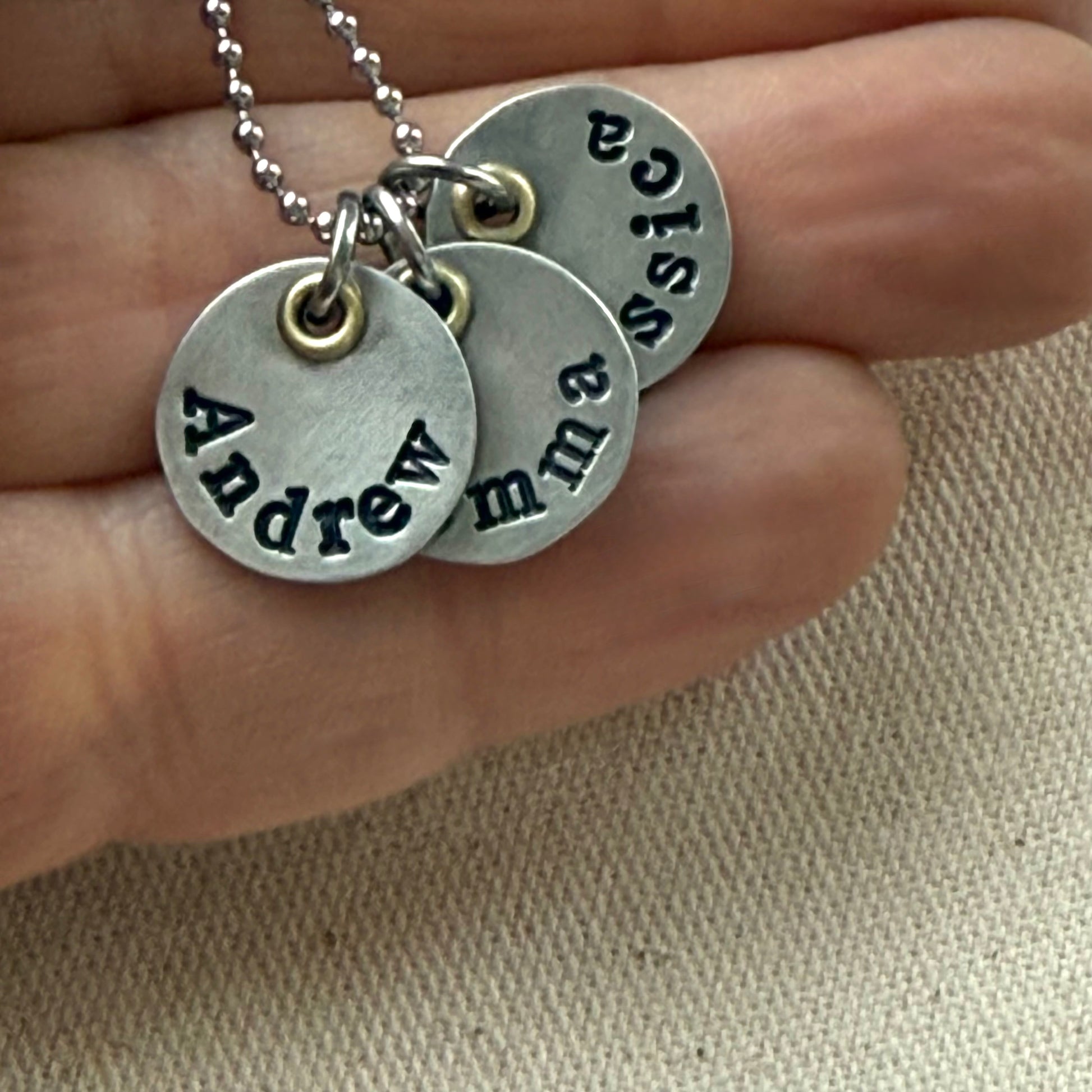 Mothers necklace with kids names - silver charms with gold accents - drake designs jewelry