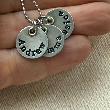 Mothers necklace with kids names - silver charms with gold accents - drake designs jewelry
